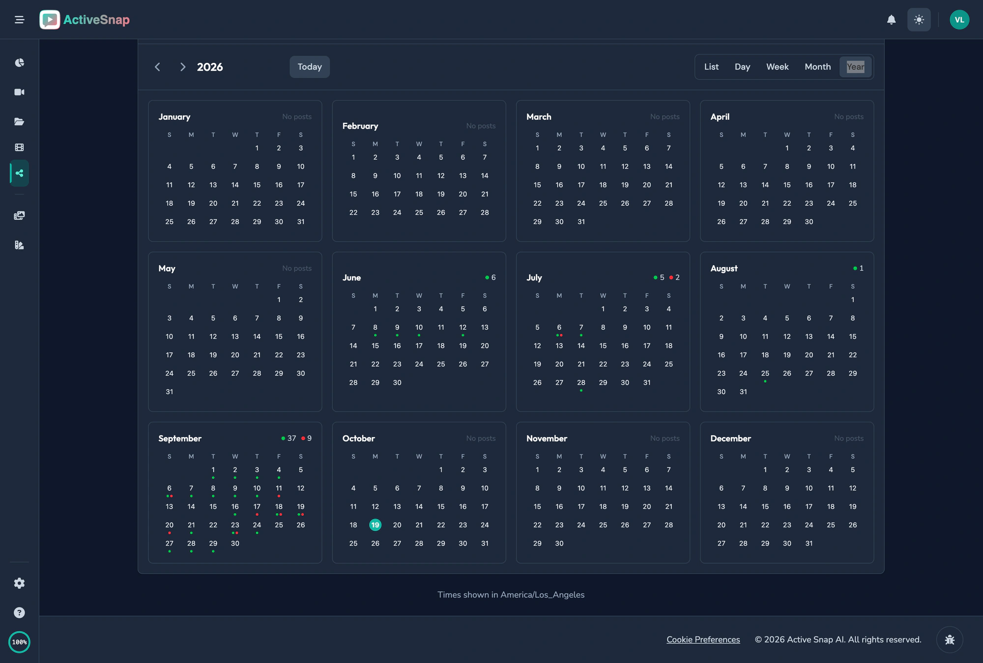 Content Calendar year view with post counts per month
