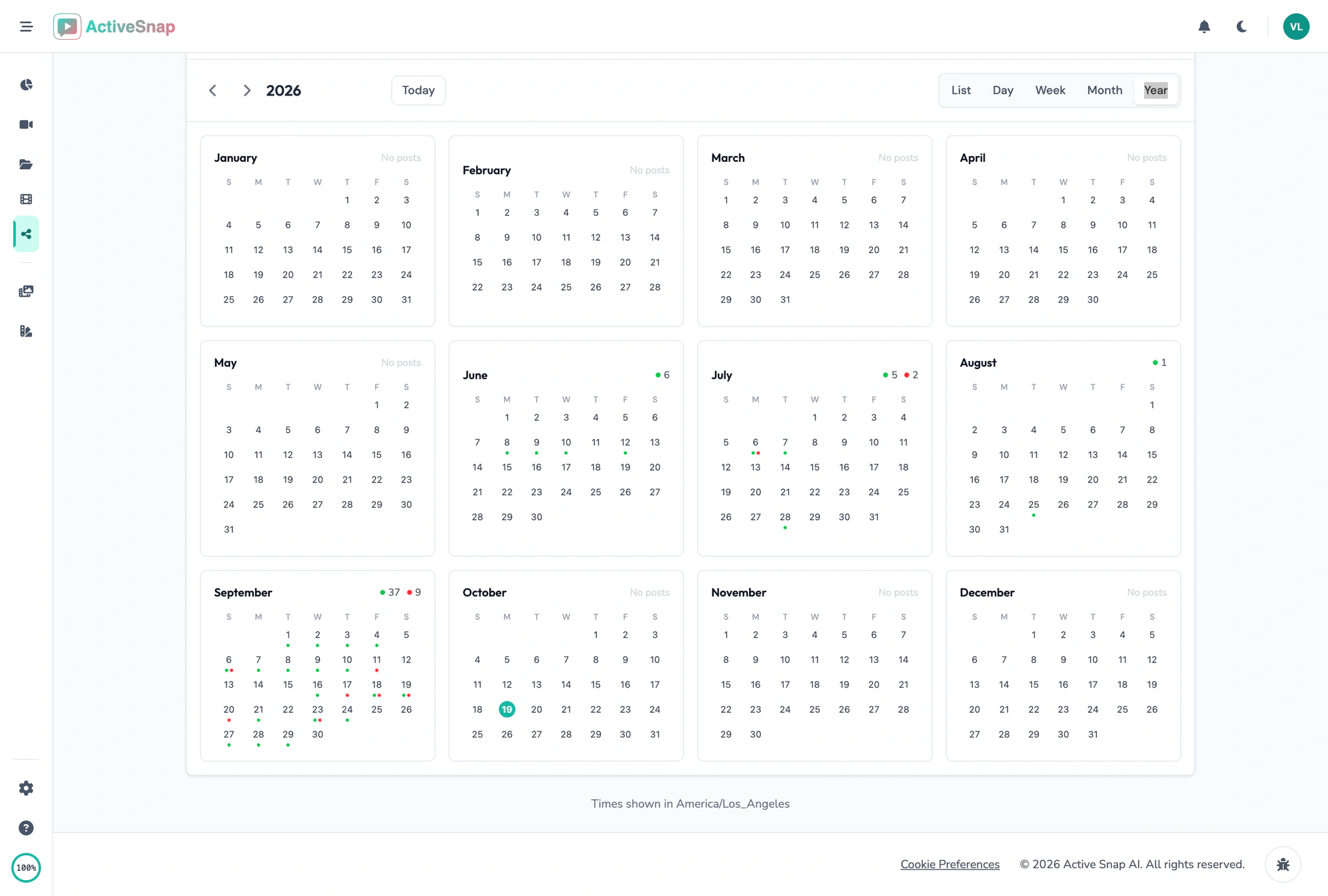 Content Calendar year view with post counts per month