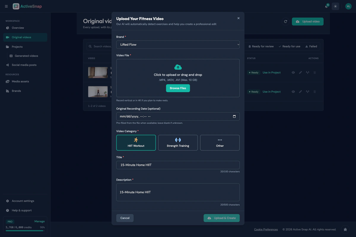 Upload dialog with the session file, category and description filled in