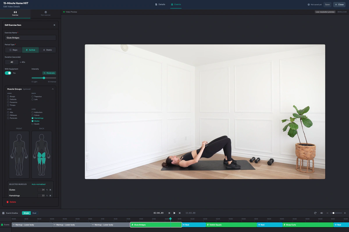 Events editor with every detected exercise on the timeline and one open for review