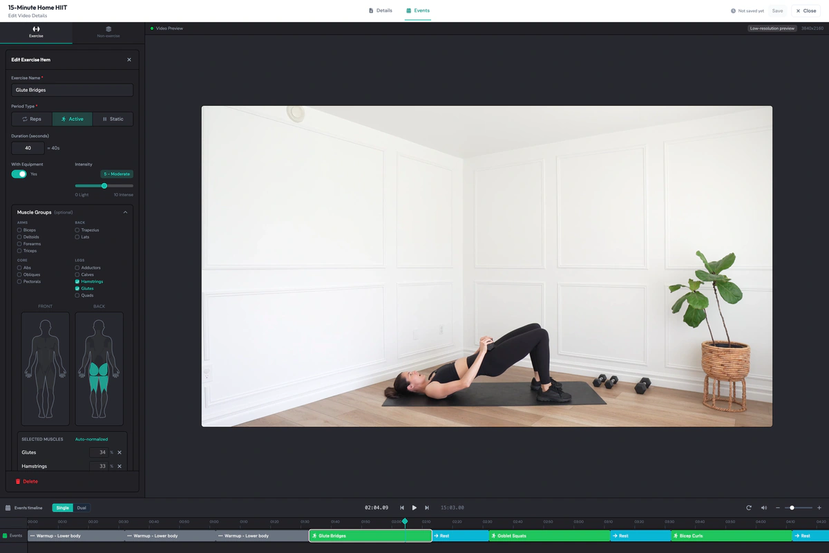 Events editor with every detected exercise on the timeline and one open for review