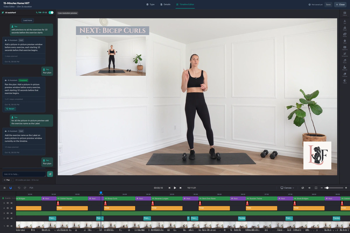 The same session with the exercise label, timer, muscle highlight and brand logo applied