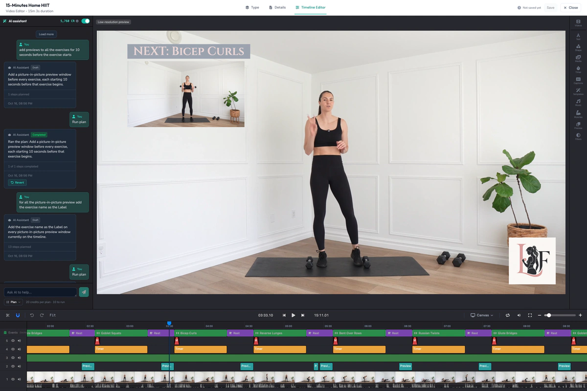 The same session with the exercise label, timer, muscle highlight and brand logo applied