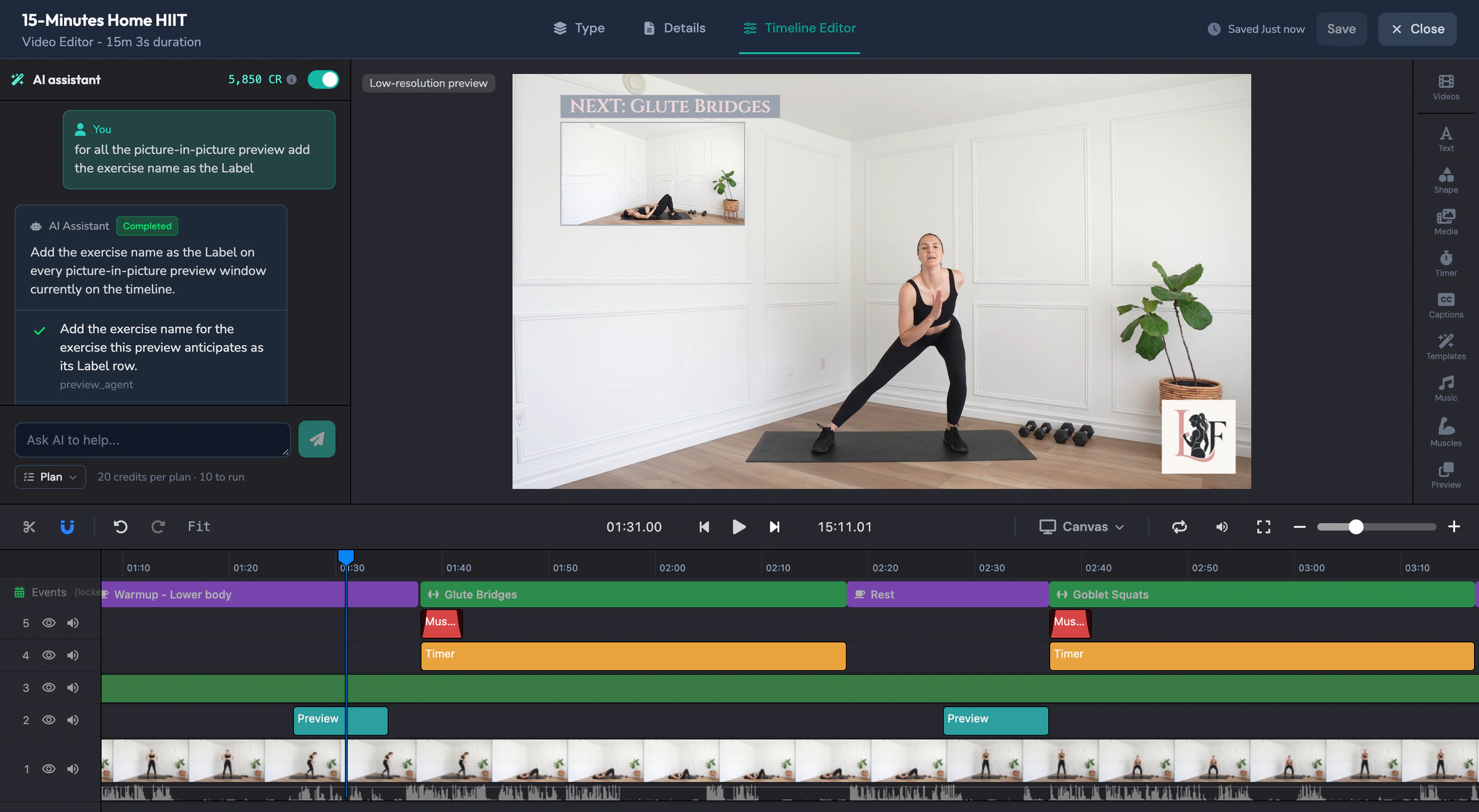 The same clip with the next-exercise label, timers and branding applied