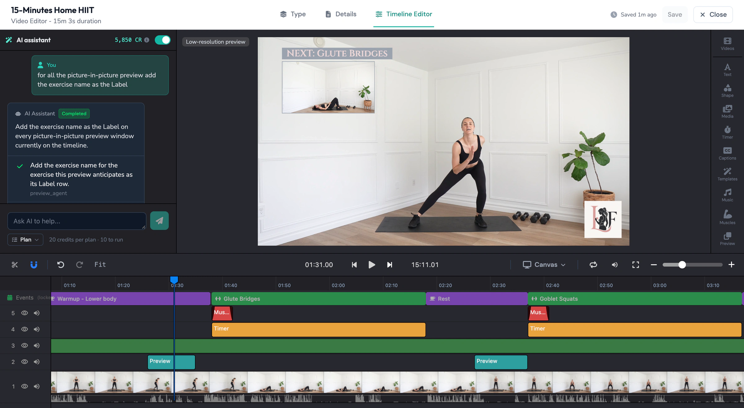 The same clip with the next-exercise label, timers and branding applied