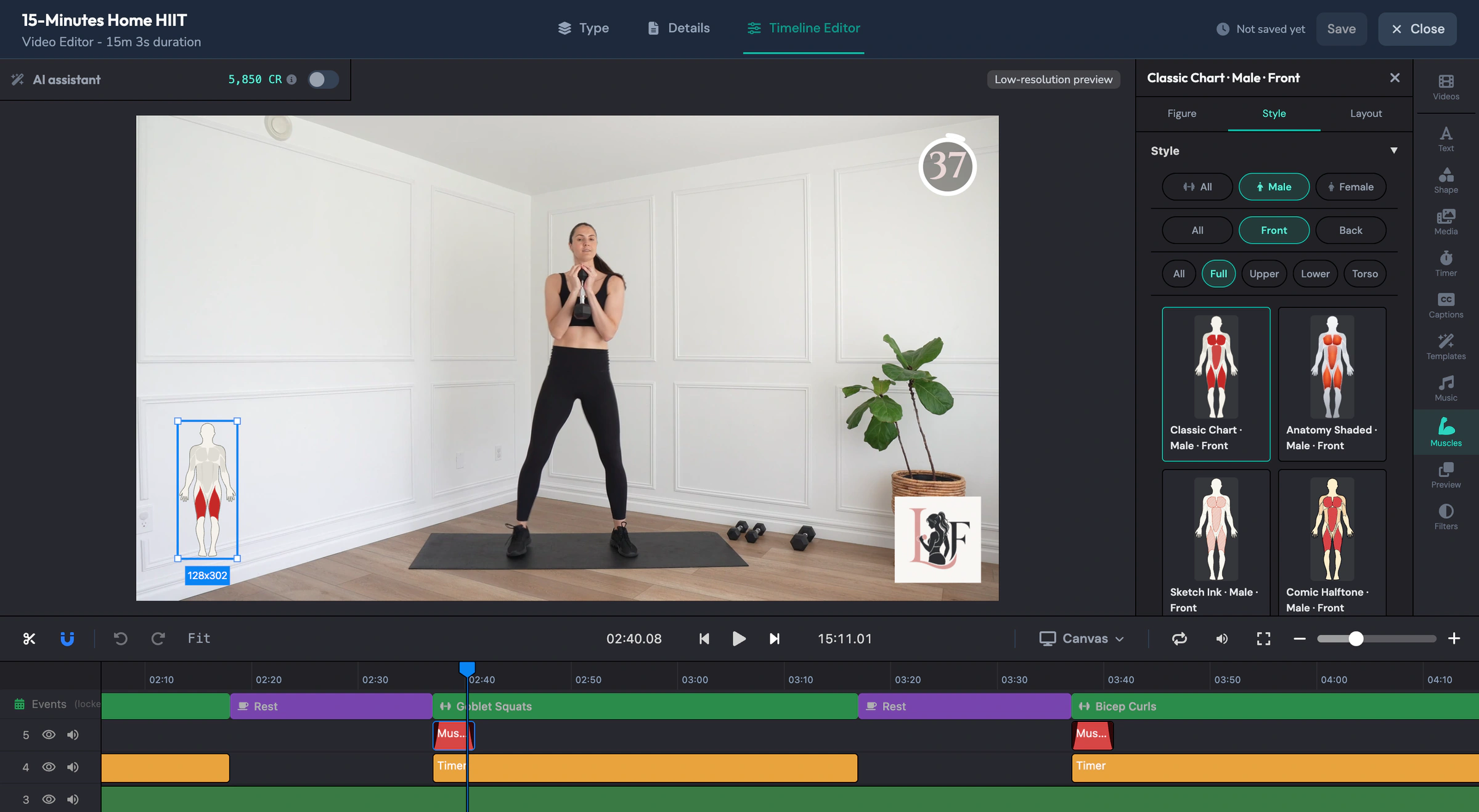 Manual mode with the muscle-group template library open and a highlight overlay placed on the frame
