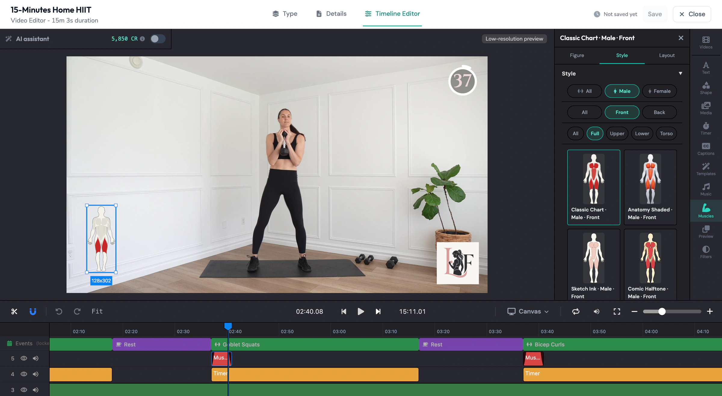 Manual mode with the muscle-group template library open and a highlight overlay placed on the frame