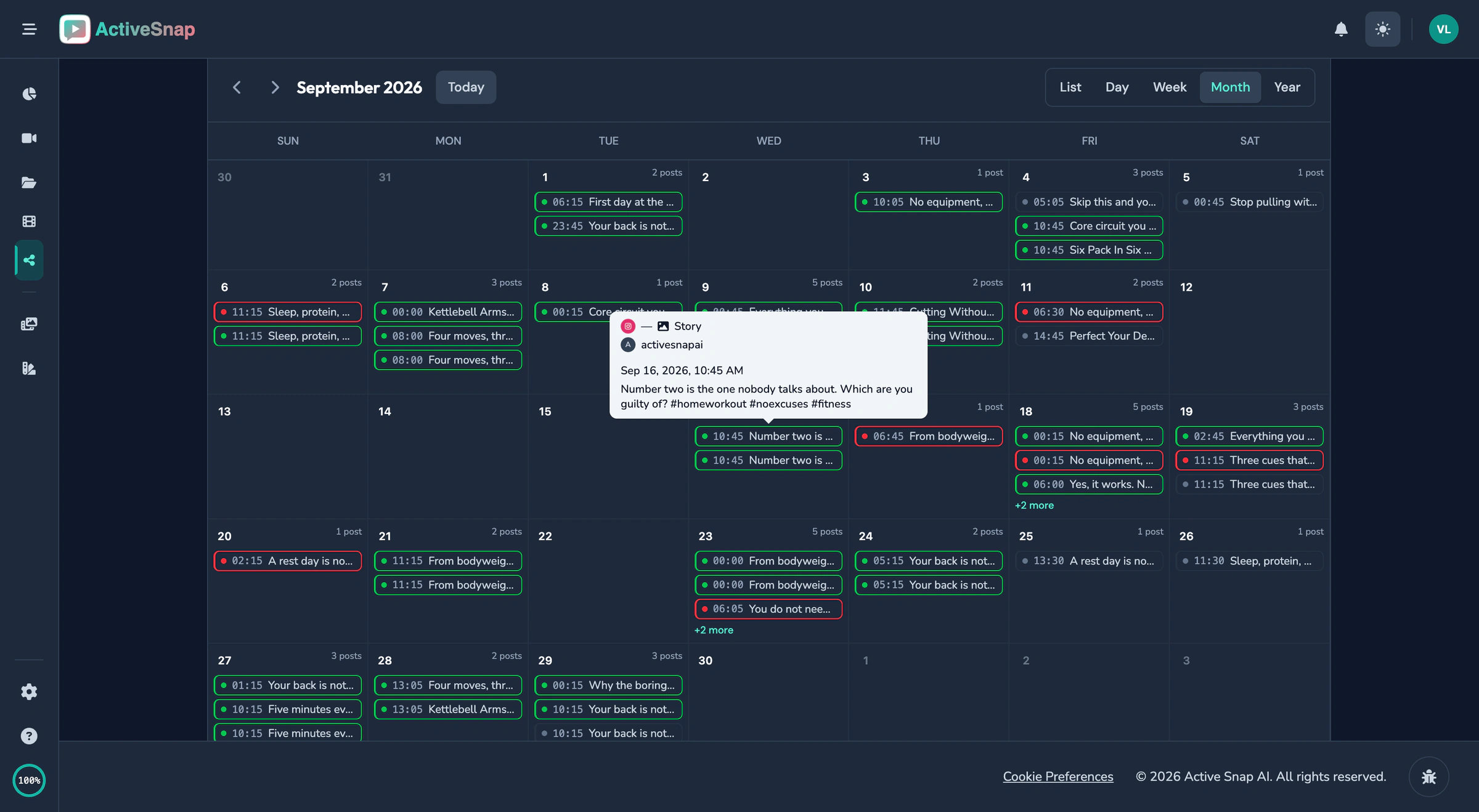 Content Calendar month view with the week scheduled